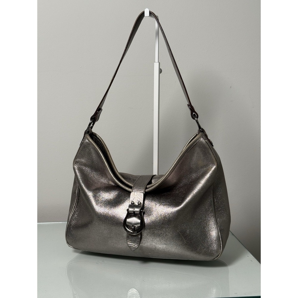 Vintage Kate Spade Hobo Silver Metallic Shoulder Bag Buckle Front Y2K Style